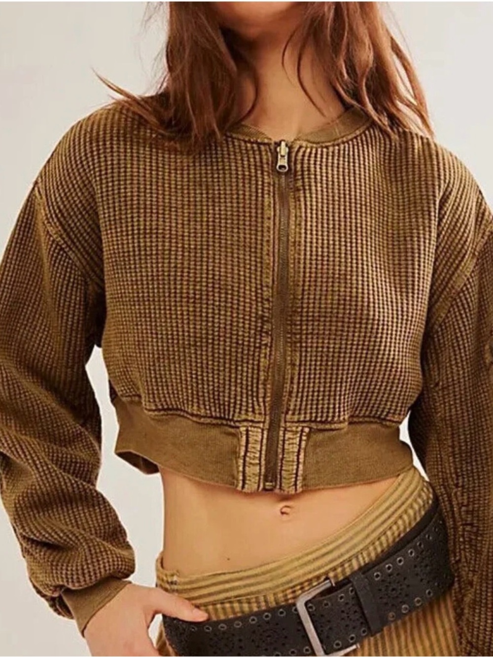 Free People Cropped Waffle-Knit Zip Jacket - Olive Brown